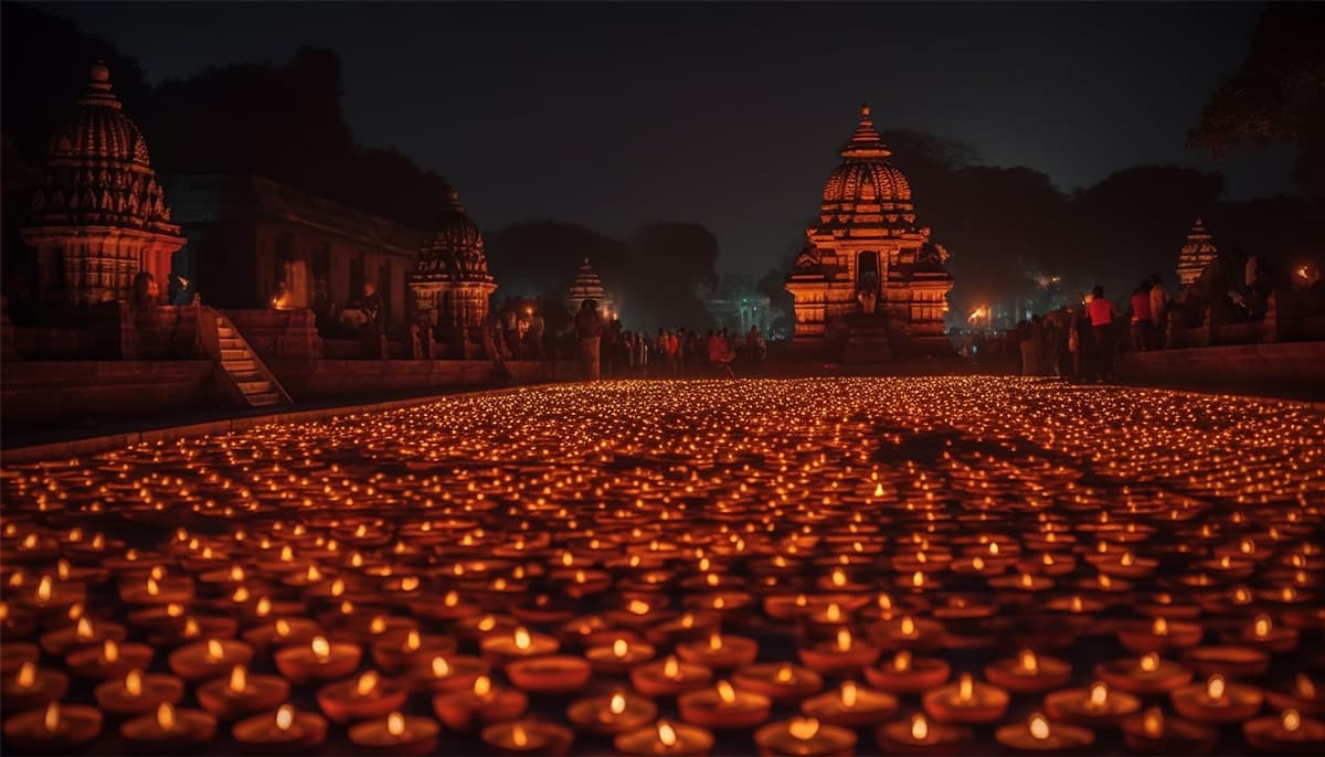 A vibrant and colorful festival in Ayodhya with a temple in the background